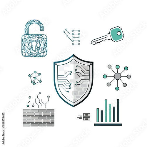 Collection of cybersecurity icons including shield, lock, key, and circuit board graphics on white background with blue and grey tones, conveying security and technology concepts.