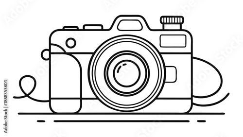 Very beautiful continuous one line drawing of a photo camera icon, featuring clean editable stroke, minimal monoline style, and modern outline design suitable for photography branding and vector proje