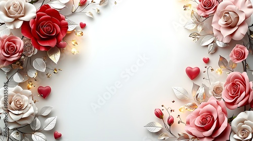 Elegant 3D render of red and white roses with silver leaves and hearts on a white background, perfect for Valentine's Day cards.