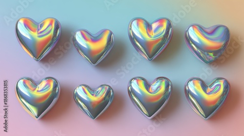 A cluster of iridescent rainbow-colored 3D heart shapes with glossy reflective surfaces shimmering against a soft pink background, expressing sweet love and joyful celebration.