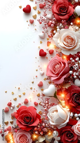 A vertical composition of roses, hearts, and berries with warm glowing lights, ideal for mobile wallpapers and social stories.