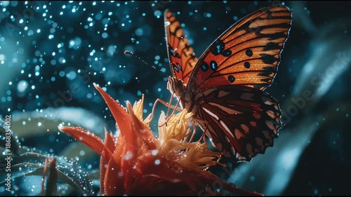 Butterfly lands on a bright flower, sipping nectar while water droplets surround it in a lush tropical area