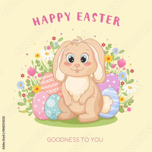 Cute Easter Bunny with Colorful Eggs and Spring Flowers Greeting Card