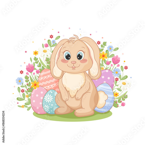 Easter Rabbit Character with Spring Eggs and Flora Clipart Element