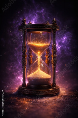 Vintage hourglass with glowing golden sand cascading through an ornate frame, surrounded by a mystical purple aura. Dramatic side lighting and rich atmospheric effects create a hyper-realistic fantasy