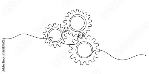 Simple continuous one line drawing of three interlocking gears or cogs. Minimalist technology, process, and engineering vector illustration. 