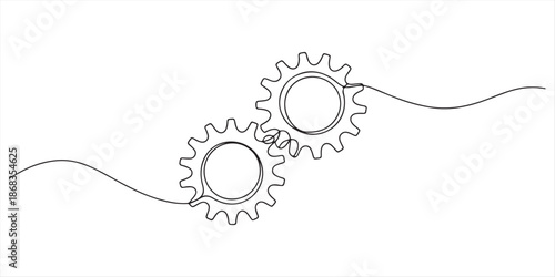 Simple continuous one line drawing of three interlocking gears or cogs. Minimalist technology, process, and engineering vector illustration. 