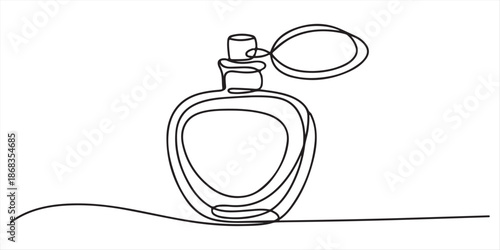 Continuous one line of a perfume bottle spray, representing luxury lifestyle, hand drawn vector illustration. Continuous one line drawing of perfume bottle or dispenser. Fragrance perfume bottle. 