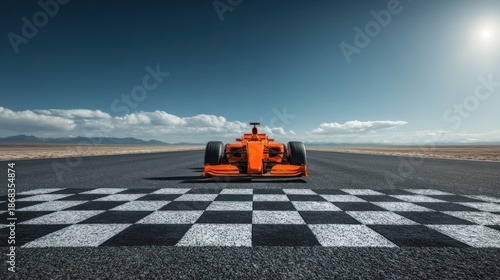 Fast race car on a desert track with checkered flag in the foreground during daytime