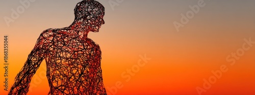 Large wire figure stands against colorful sunset sky in outdoor location