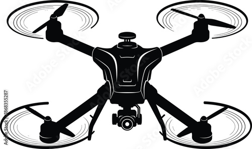 Black and white vector illustration of a professional quadcopter drone with camera, isolated silhouette of remote controlled aircraft for aerial photography and filming