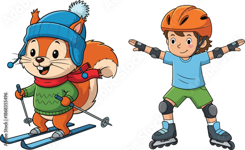 Cute skiing squirrel and rollerblading boy illustration, fun outdoor sports activity characters for children, winter skiing and skating cartoon artwork design