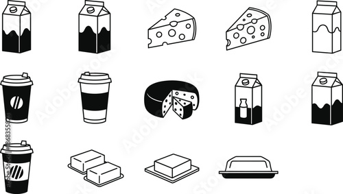 Dairy products icon set including milk cartons cheese slices and wheels butter and coffee cups in black and white vector illustration style