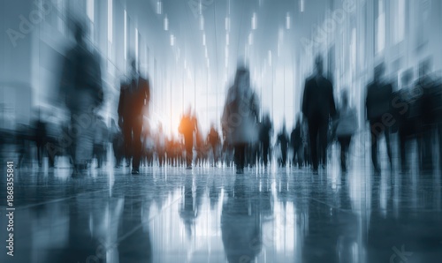 Long exposure shot of crowd of business people walking in bright office lobby fast moving with blurry