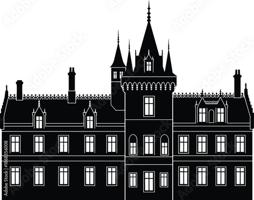 European gothic castle silhouette illustration with medieval architecture towers, vintage mansion vector icon, luxury royal palace manor isolated on white background for design.