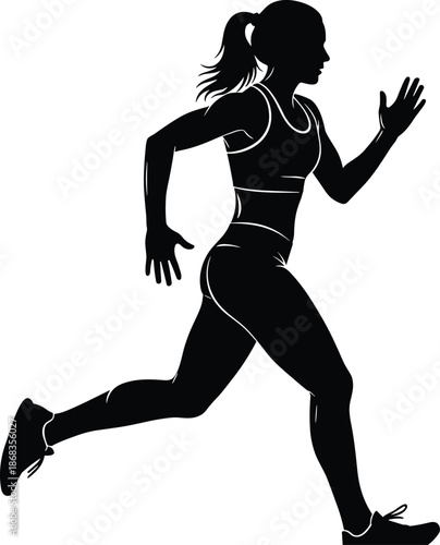 Dynamic silhouette of a female runner jogging in athletic wear, minimalist vector illustration for fitness, health, sports training, and active lifestyle concepts,