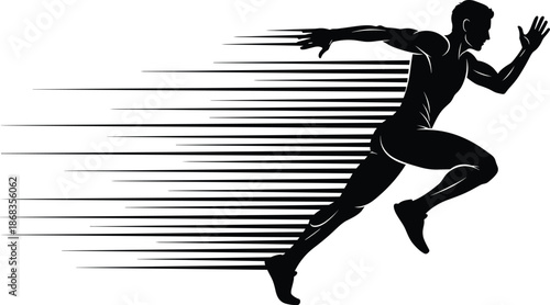 High speed running man silhouette with motion lines, dynamic athletic sprinter vector illustration for fitness, sports competition, velocity performance, and active lifestyle concept