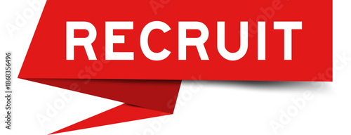 Red color speech banner with word recruit on white background