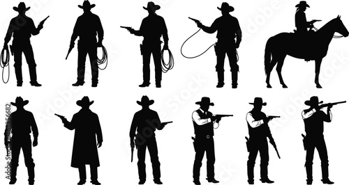 Western cowboy silhouette set, wild west ranger holding revolver and lasso, american bandit riding horse, vintage black vector illustration collection, isolated white.