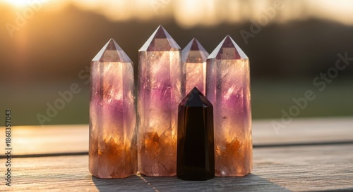 Five Polished Amethyst and Black Obsidian Crystal Towers on Wooden Surface at Sunset
