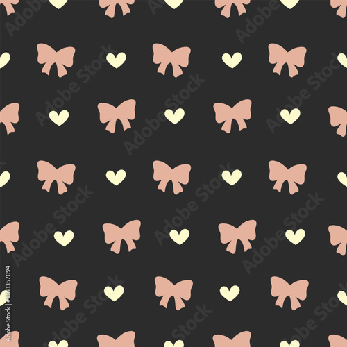 Seamless pattern with hand-drawn dusty rose bows and cream hearts on a dark charcoal background. Cute coquette aesthetic digital paper for wrapping and textile design