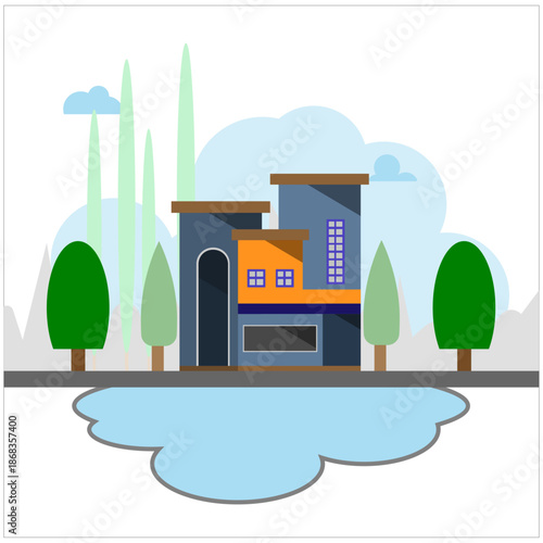 Residential home building and decor trees on back, mansion, dwelling. Flat graphic vector illustration isolated on white background.