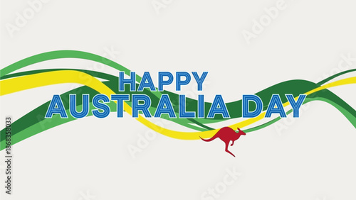 Vibrant graphic design celebrating the national spirit with iconic Australian colors, dynamic wavy lines, and a jumping kangaroo silhouette