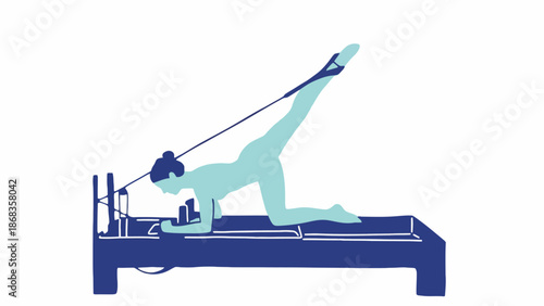 Pilates Reformer Exercise Woman Performing Leg Stretch on Fitness Equipment for Core Strength and Flexibility