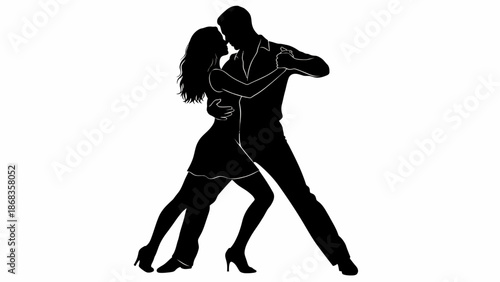 Dynamic black silhouette of a passionate couple gracefully engaged in a sensual partnered dance, capturing the elegance and vibrant rhythm of movement and connection