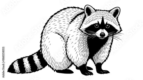 Detailed Black and White Illustration of a Raccoon with Striped Tail and Masked Face