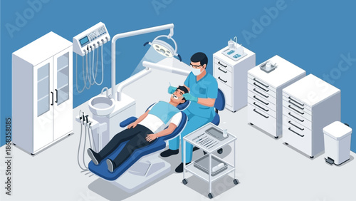 Dentist performing a dental check-up on a patient in a modern dental clinic examining room