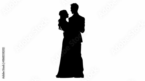 Silhouette of a couple dancing intimately against a white background, symbolizing love and togetherness