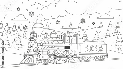 A Festive 2026 Steam Train Journey Through a Winter Wonderland with Snowflakes and Pine Trees