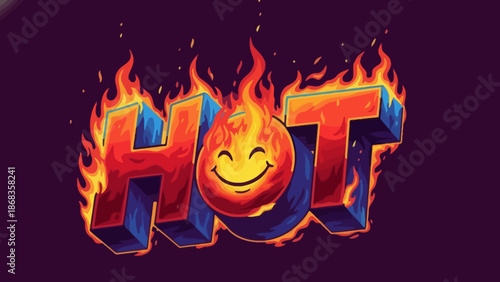 Fiery Smiley Face Character and Flames Decorating the Word 'HOT'