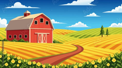 Vibrant cartoon illustration of a rustic red barn nestled amidst rolling golden fields under a bright blue sky with fluffy clouds