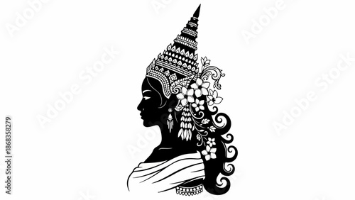 Silhouette of a Woman with Elaborate Headdress and Flowers, Illustrating Cultural Heritage and Elegance