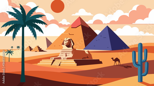 Vibrant flat design illustration of the iconic Great Pyramids of Giza and Sphinx in the Egyptian desert, under a warm sky, symbolizing ancient history and cultural travel