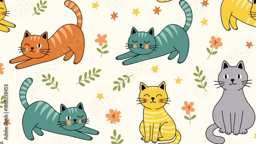 Whimsical seamless pattern featuring playful cartoon cats in diverse poses, adorned with charming floral and leafy elements, ideal for creative textile and digital designs