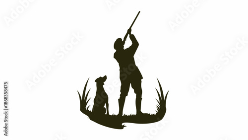 Hunting Dog Silhouette with Hunter Aiming Rifle in Field with Grass