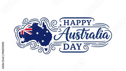 Happy Australia Day festive design featuring the Australian map with flag and elegant typography, ideal for national holiday celebrations and greetings