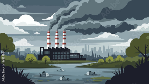 Industrial pollution from a factory contaminating a river with dead fish and city skyline in background