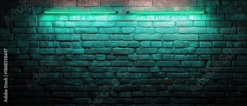 green neon light on a brick wall at night
