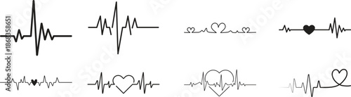 Heart Rhythm Icon set. Electrocardiogram, ECG - EKG signal, Heart Beat pulse line concept design element. Heartbeat line, pulse, cardiogram, medical health care, heart rhythm, red outline vector.