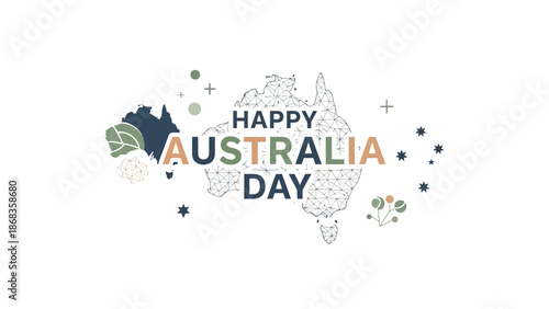 Vector illustration of a Happy Australia Day celebration with a stylized map outline and festive decorative elements, representing national pride