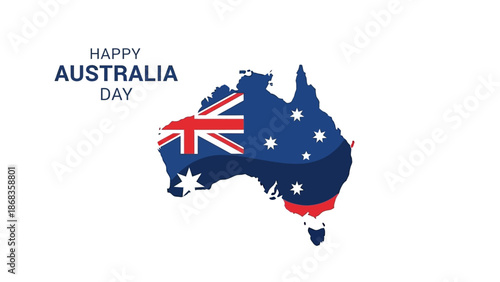 Happy Australia Day celebration with the Australian flag superimposed on the map of Australia