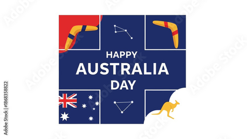 Vibrant graphic design celebrating Australian national identity and culture featuring iconic elements such as the flag, a kangaroo, and traditional boomerangs