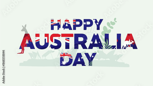 Celebrate Australia Day with this patriotic illustration, showcasing the national flag's vibrant colors within text and iconic native animals