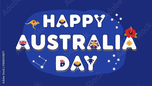 Vibrant illustration celebrating Australia's national pride with symbolic elements and a happy message
