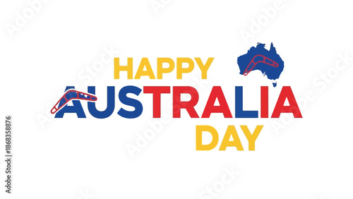 Vibrant illustration celebrating Australia Day, featuring bold typography, boomerangs, and the distinct continent outline in national colors