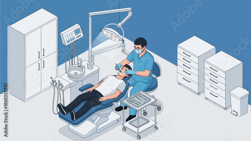 Isometric illustration of a dentist providing professional oral care and conducting a detailed examination for a patient in a modern dental clinic setting